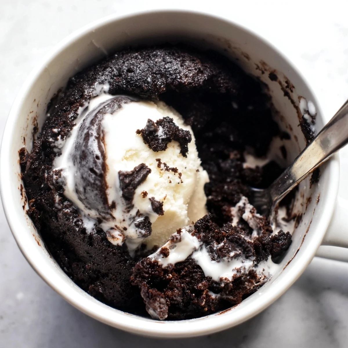 Warm Oreo mug cake, a quick chocolate dessert, ready to enjoy straight from the mug.