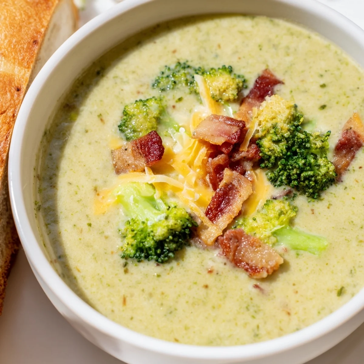 Golden, cheesy broccoli cheddar soup, garnished with crispy bacon and extra sharp cheddar.