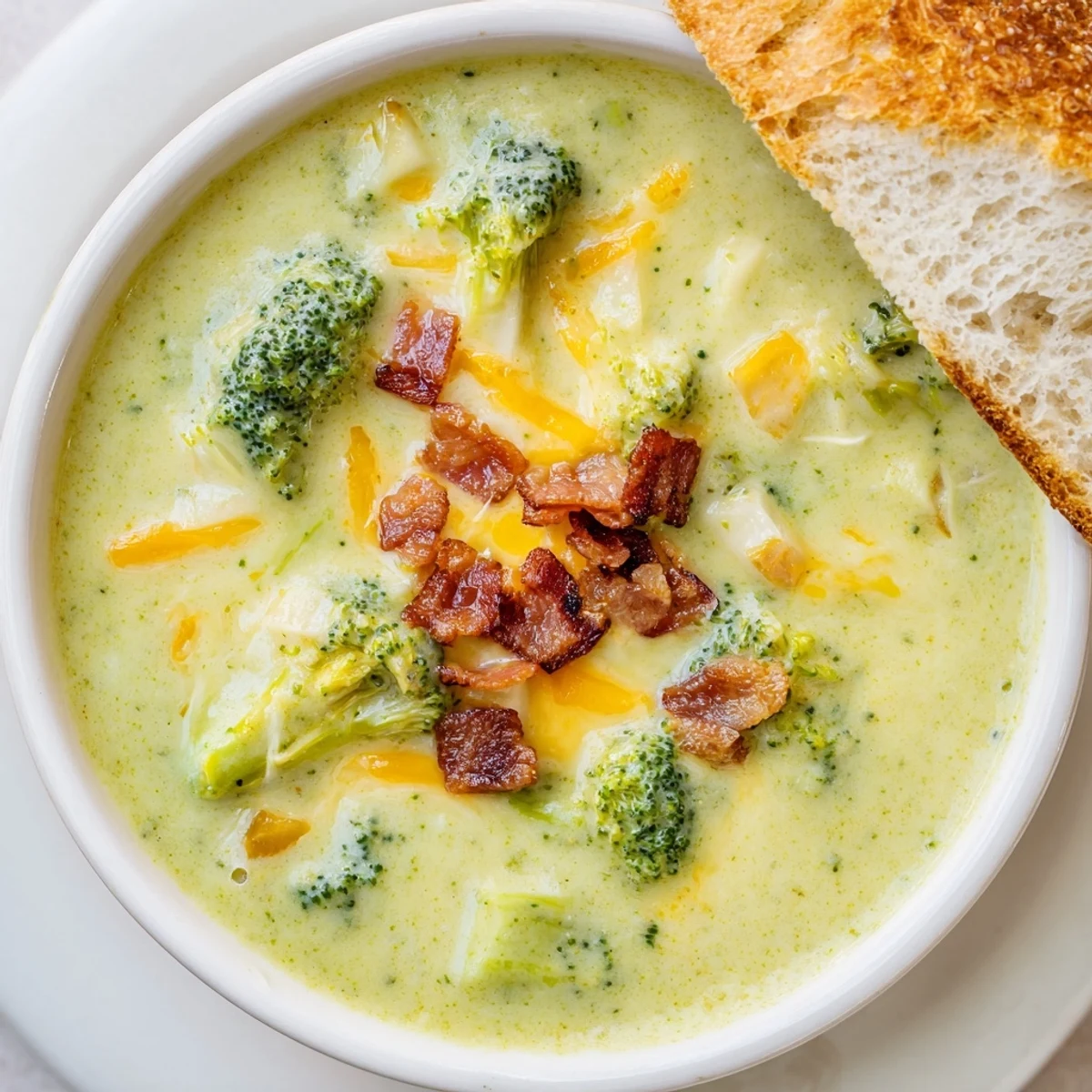 A steaming bowl of broccoli cheddar soup with toasted bread, perfect for a chilly evening.