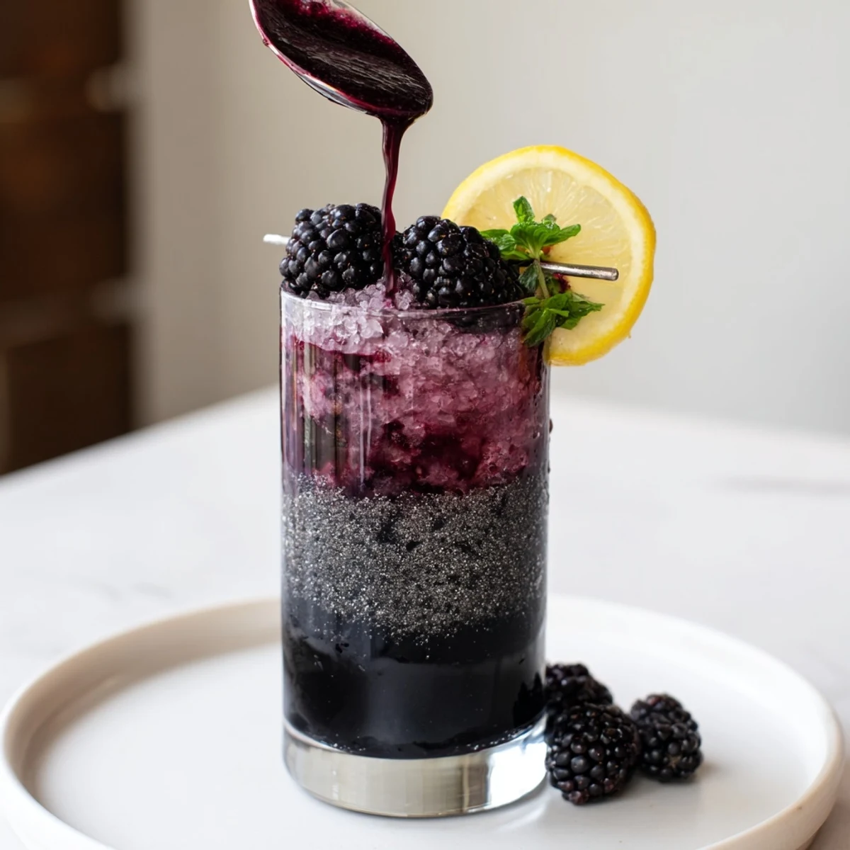 A visually stunning Dark Matter Mocktail, layered with inky black and vibrant blackberry syrup flavors.