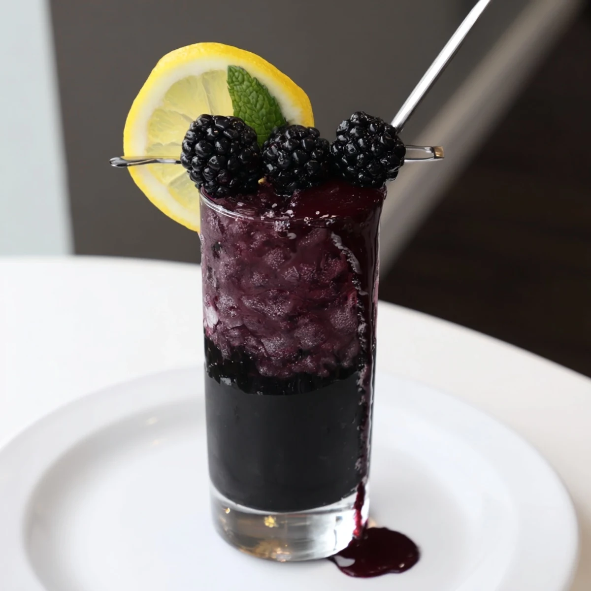 Dramatic view of a Dark Matter Mocktail, a vegan and refreshing drink with citrus garnishes.