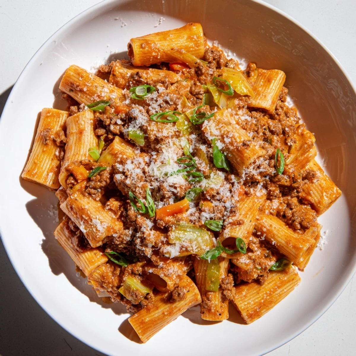 A close-up view of the spicy and creamy Chaos Cooking Kimchi Ragu Pasta, with rigatoni and savory ragu.