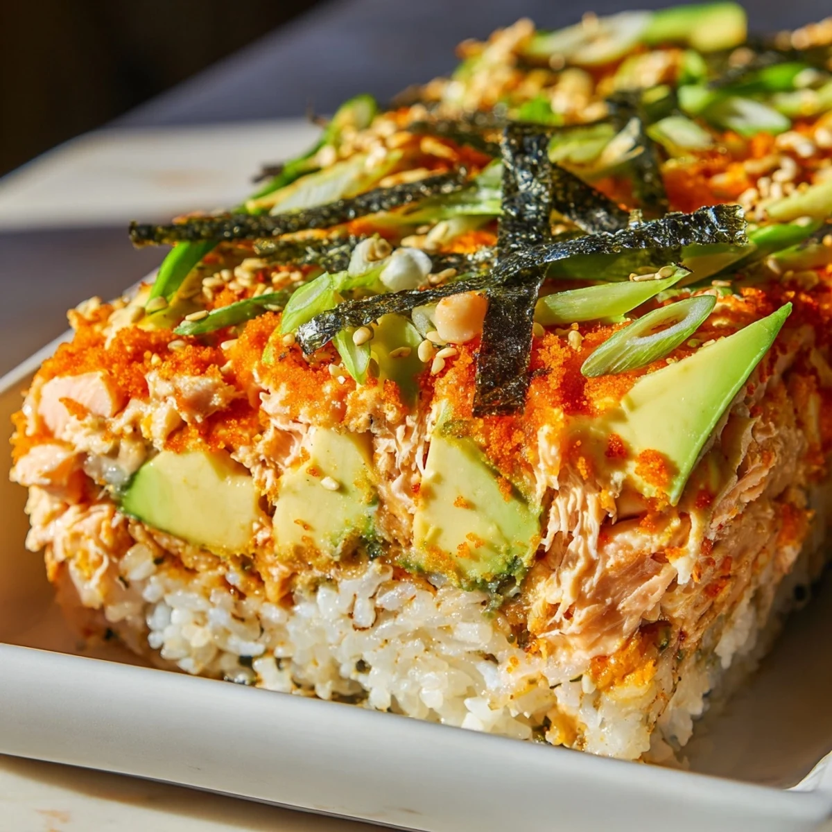 Warm and inviting photo of a bubbly Sushi Bake Casserole, ready to be served and enjoyed.