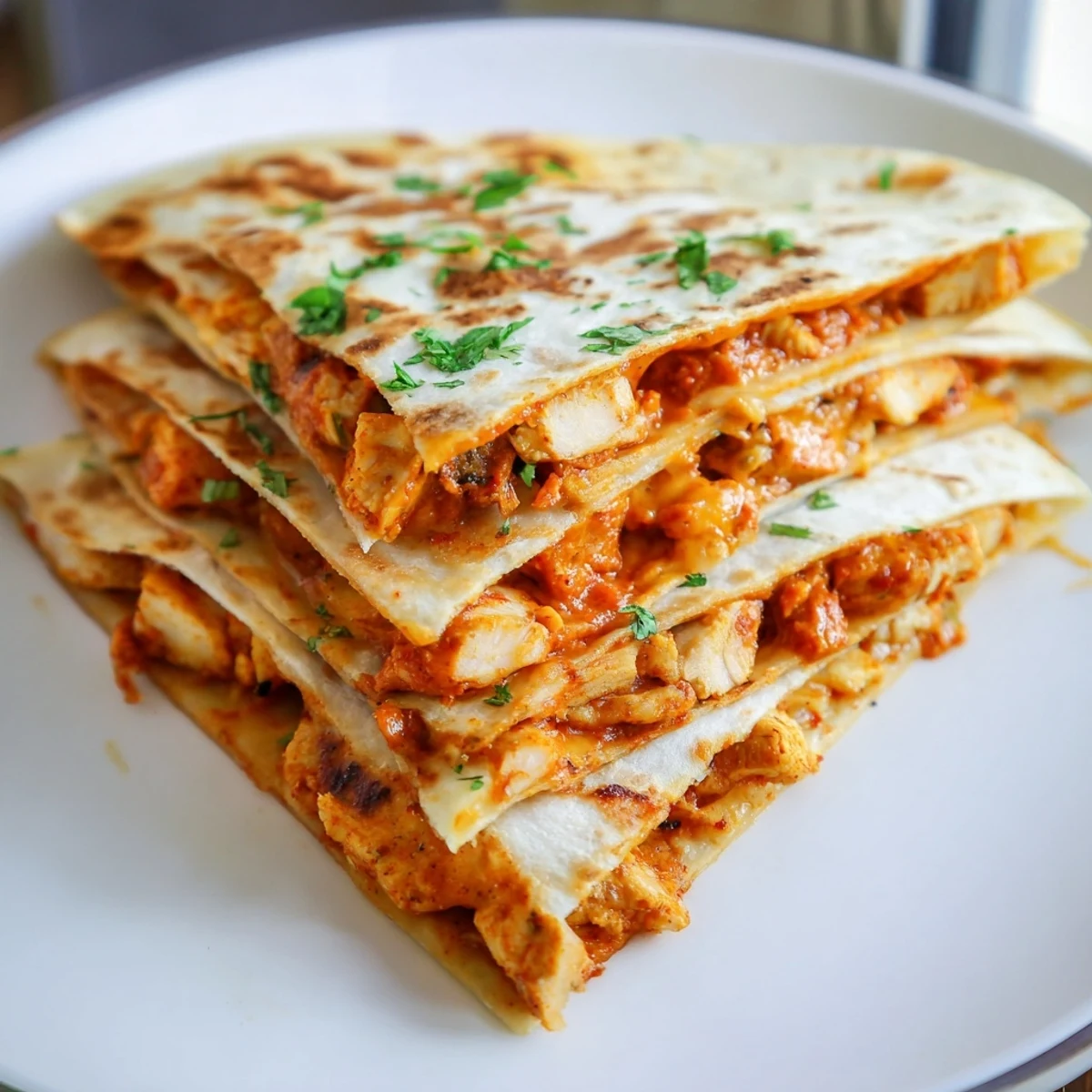 Golden-brown Butter Chicken Quesadillas, a delightful fusion with melted cheese and spiced chicken filling.