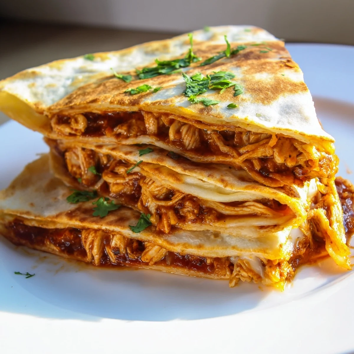 Delicious Butter Chicken Quesadillas photo with a close-up showing bubbly cheese and crispy tortillas.