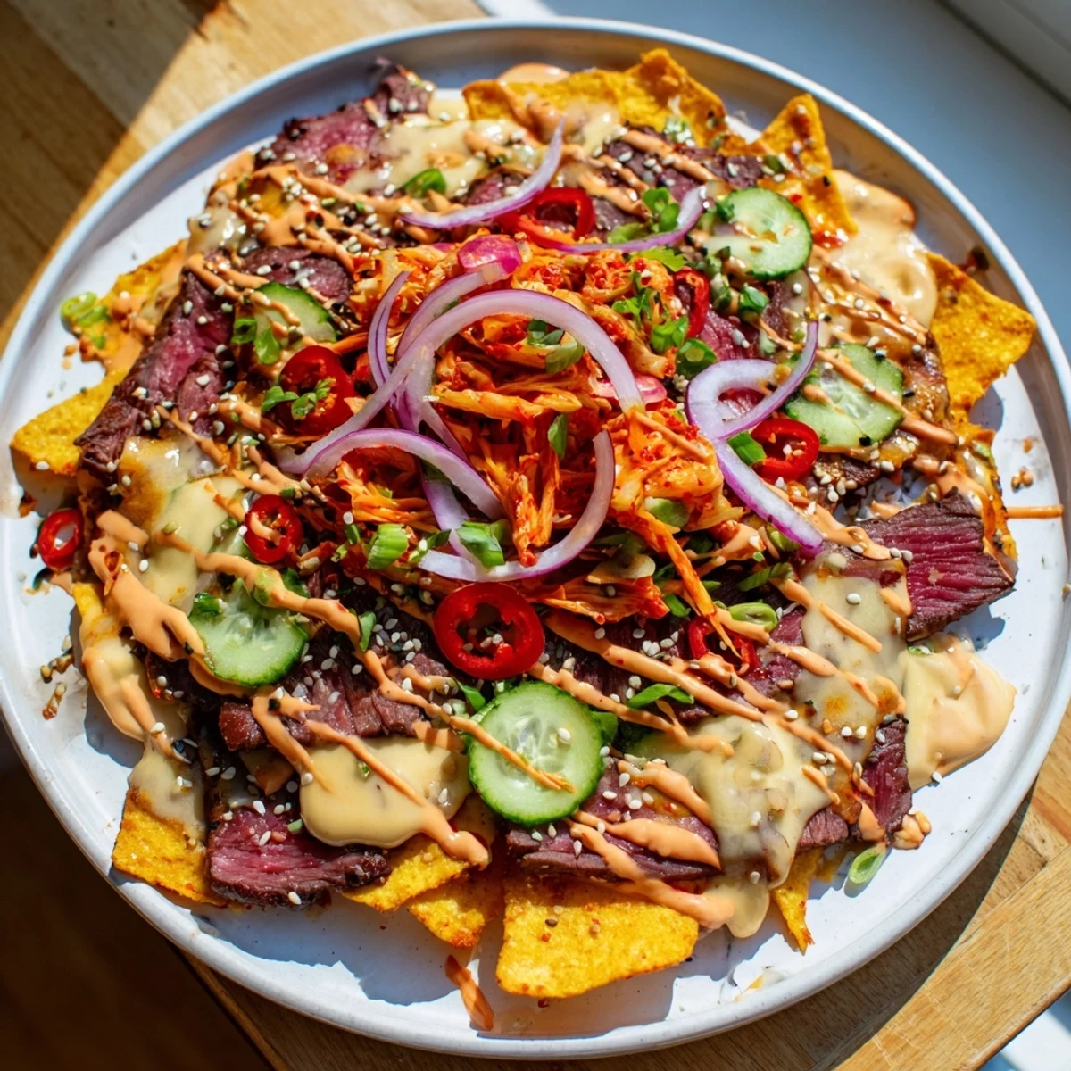 A loaded plate of Korean BBQ Nachos with melted cheese, savory beef, and fresh toppings.
