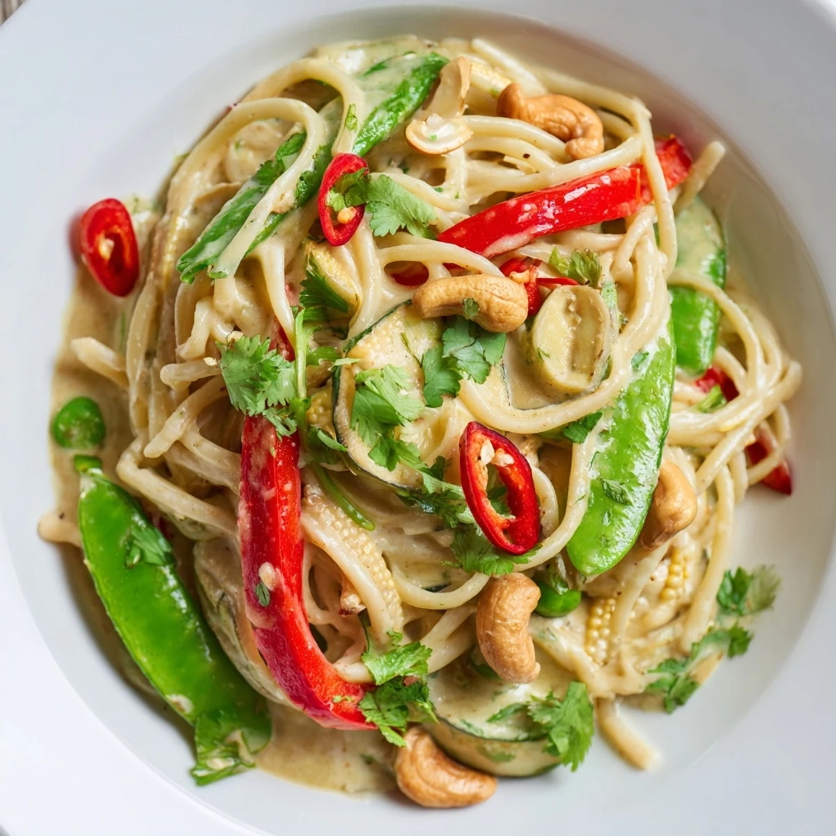 Creamy Thai Curry Pasta tossed with colorful vegetables; a beautiful, flavorful vegetarian meal.