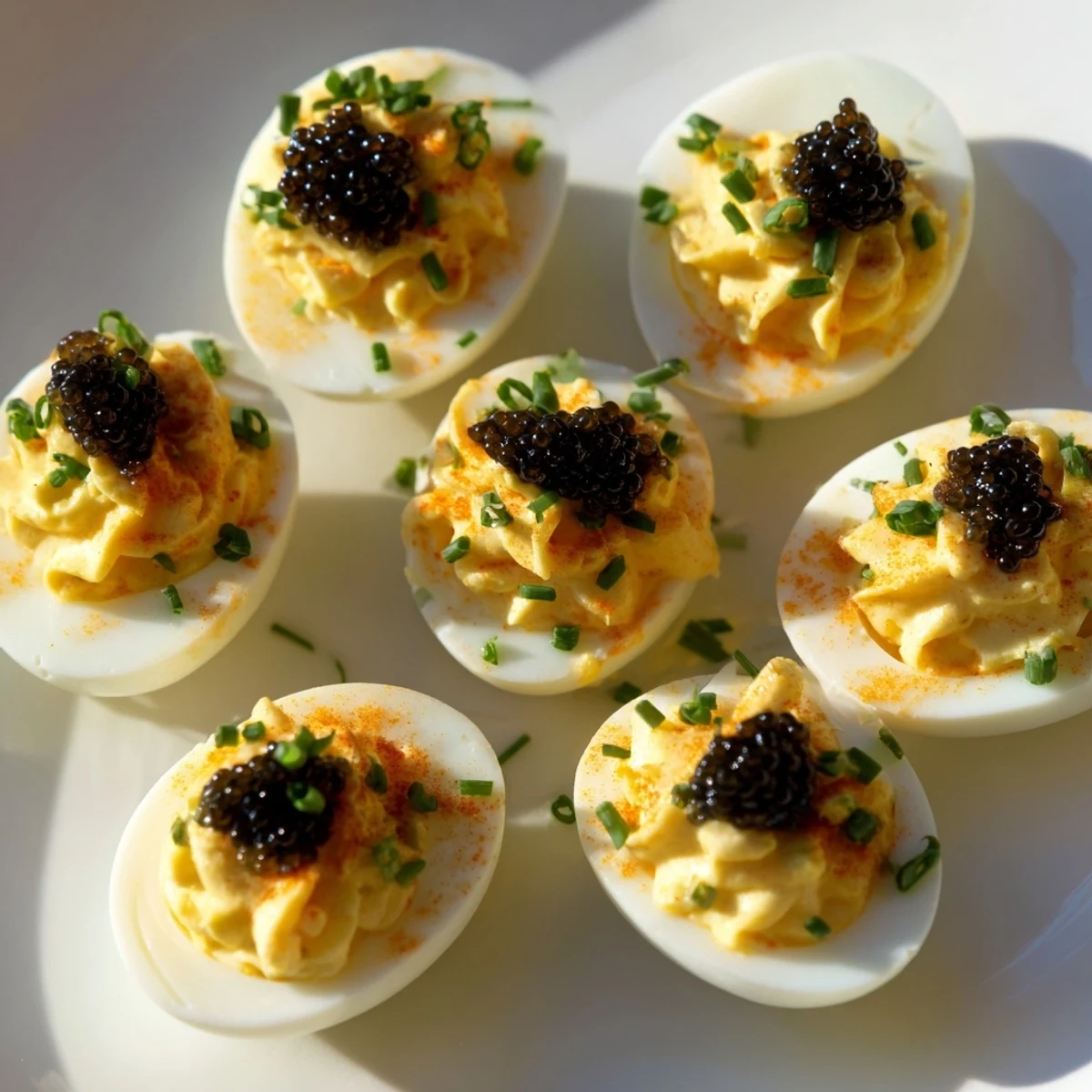 Elegant deviled eggs topped with glistening caviar and crunchy shallots, a gourmet appetizer.