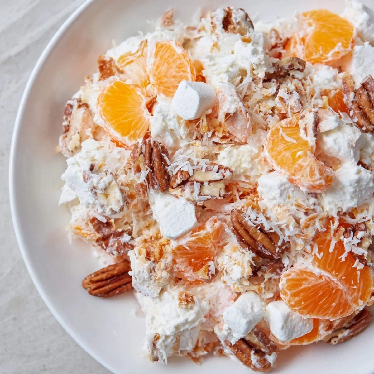 This light and fruity Elevated Ambrosia Salad shows a stunning dessert ready to be served and enjoyed.