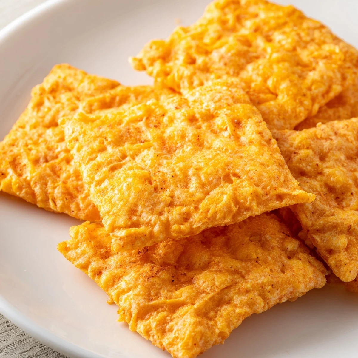 Golden homemade Crispy Cheeto Cheese Crackers are arranged on a wire rack after baking, showcasing their vibrant orange hue and sharp cheddar edges.  