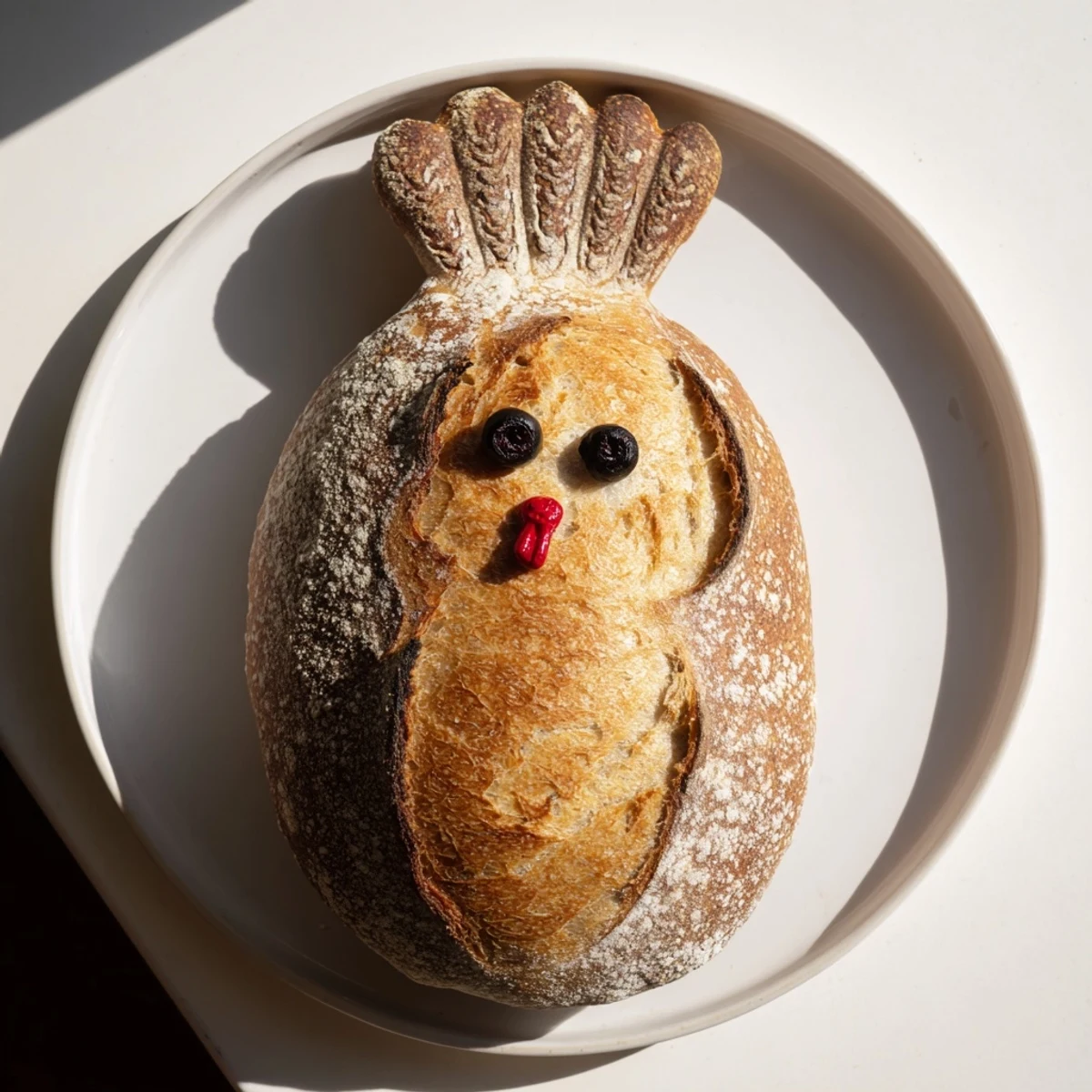 Golden-brown turkey-shaped sourdough bread with crispy crust and soft, tangy crumb, perfect as a festive holiday centerpiece.  