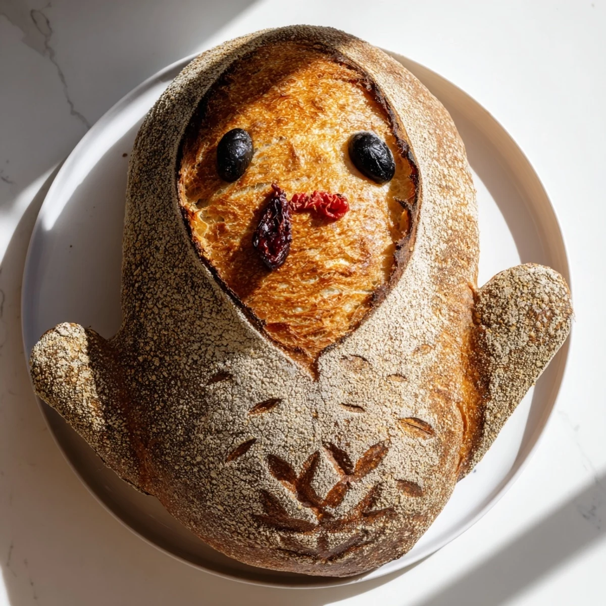 Festive holiday turkey-shaped sourdough bread with sesame seed accents and red pepper wattle, sliced beside a steaming soup bowl.