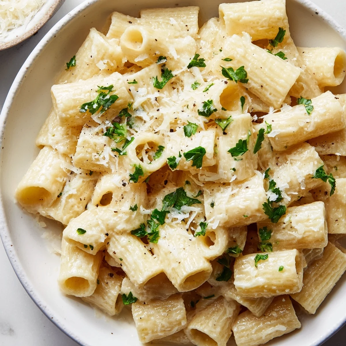 One-pan Creamy Milk Pasta in a rustic bowl, topped with fresh parsley and extra Parmesan, perfect for a comforting dinner.