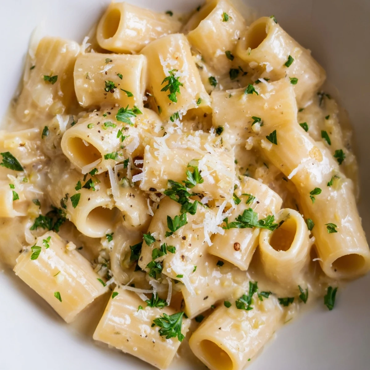 Ladle serving Creamy Milk Pasta One-Pot, with glossy sauce clinging to penne and steam rising from the creamy surface.
