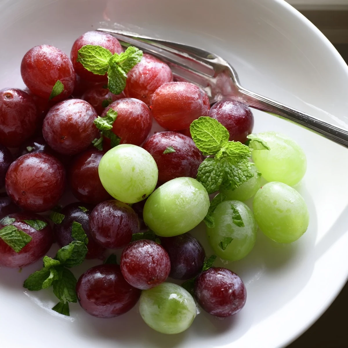A close-up of Frozen Grapes Spa Treat glistening with frost, served in a clear bowl with fresh mint garnish.
