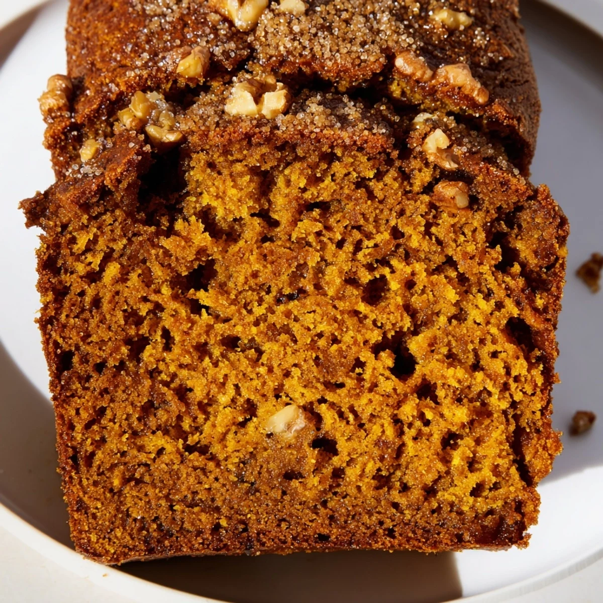 A freshly baked pumpkin bread loaf cooling on a wire rack, showcasing its golden-brown crust and moist, spiced interior.