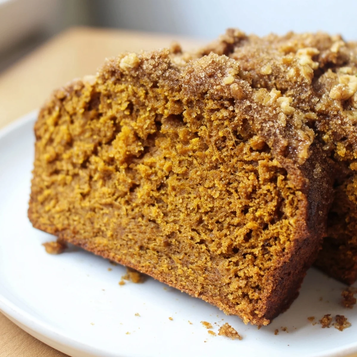 Slice of homemade pumpkin bread loaf on a wooden plate, perfect for breakfast with a warm cup of coffee nearby.