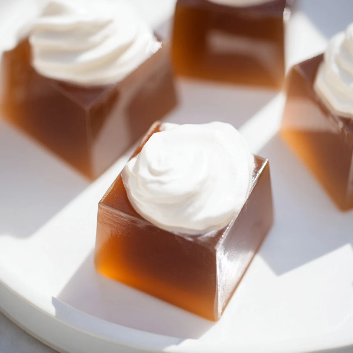 Freshly cut coffee jelly cubes in serving glasses, topped with lightly whipped sweetened cream and a hint of vanilla.