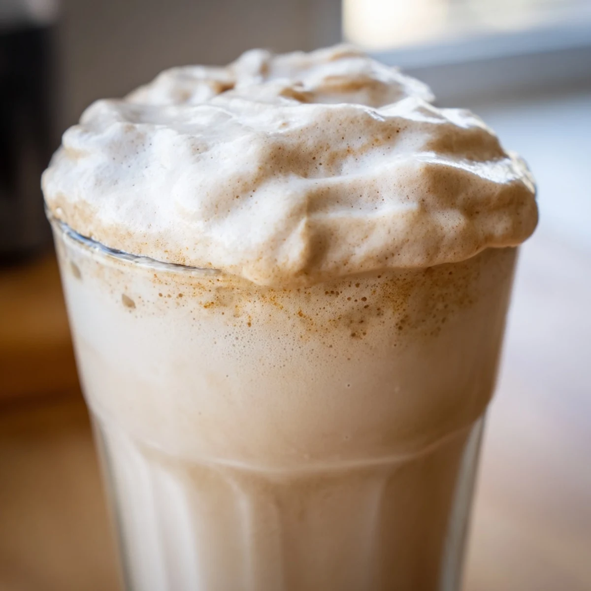 A fluffy cloud of whipped Dalgona coffee perches on steaming milk, ready to be stirred into a creamy, sweet sip.