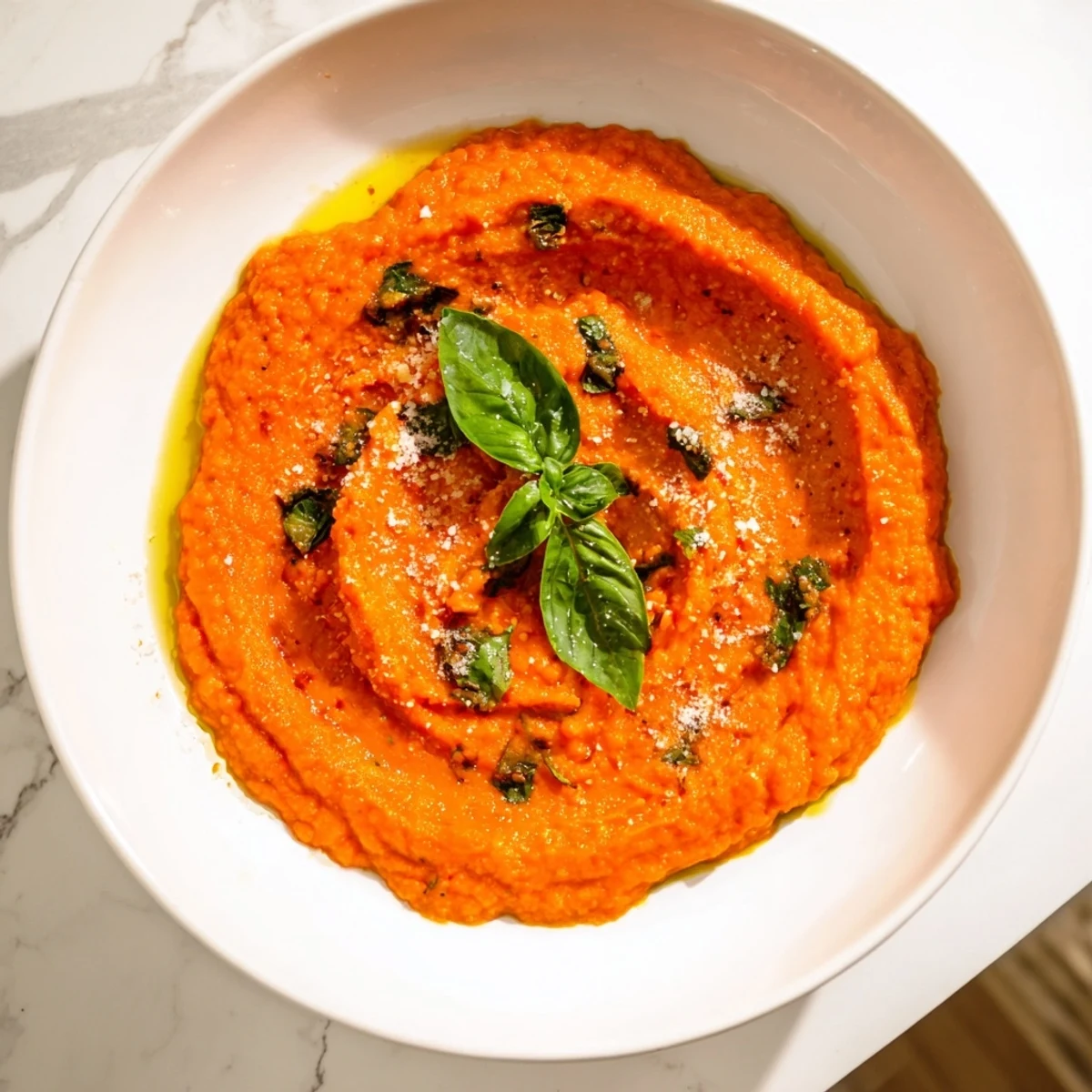 A smooth, vibrant red Hidden Veggie Tomato Pasta Sauce simmering with pureed carrots, zucchini, and spinach for a healthy, rich flavor.