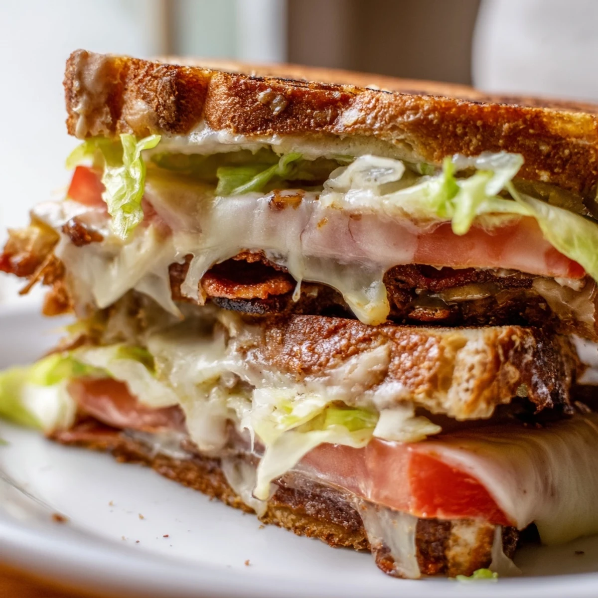 Golden-brown sourdough grilled cheese sandwich stacked with smoky tempeh bacon, crisp lettuce, and ripe tomato slices.  