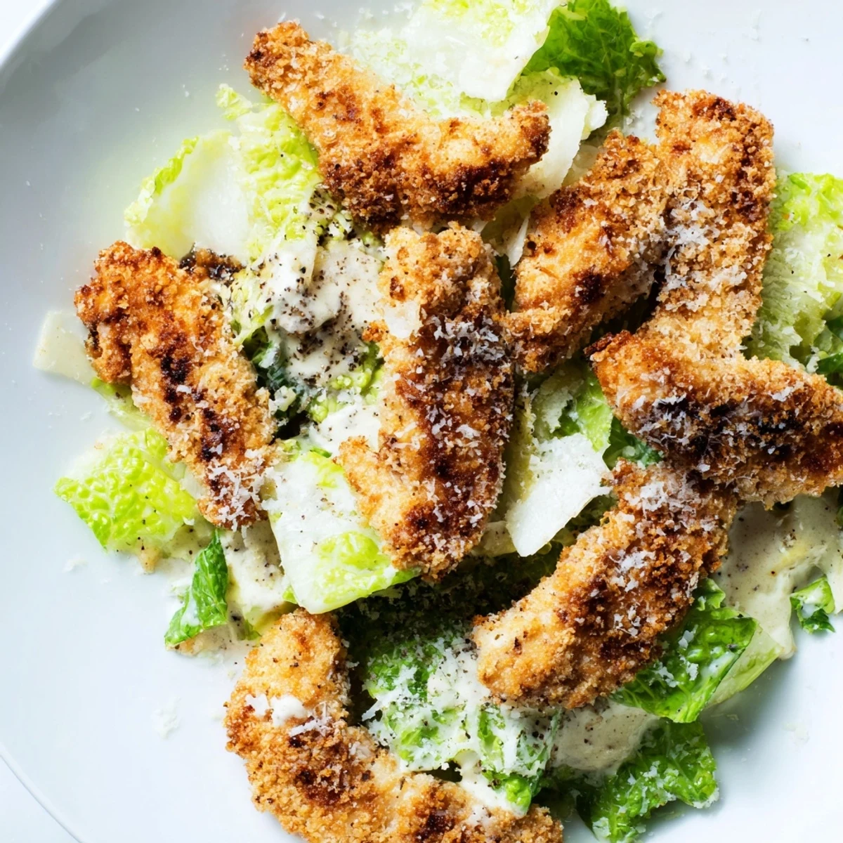 Crispy Chicken Caesar Wrap held aloft, golden-brown strips glistening beside crisp romaine and shaved Parmesan on a wooden board.