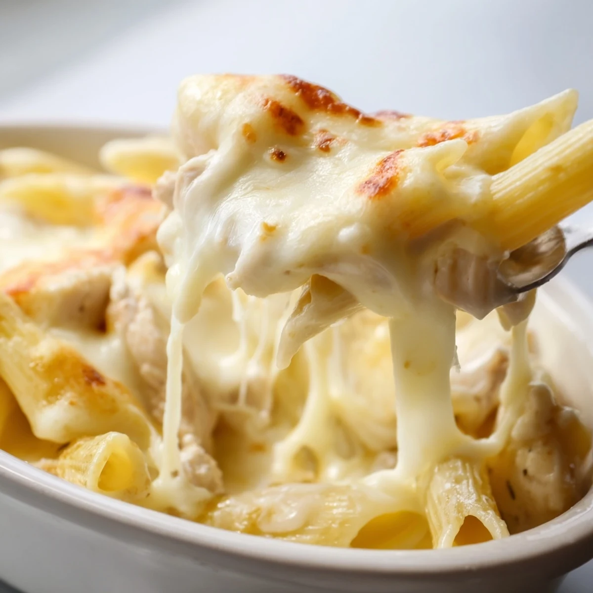 Steaming Chicken Ranch Pasta Bake features tender penne, diced chicken, and bubbly cheese topping on a rustic table.