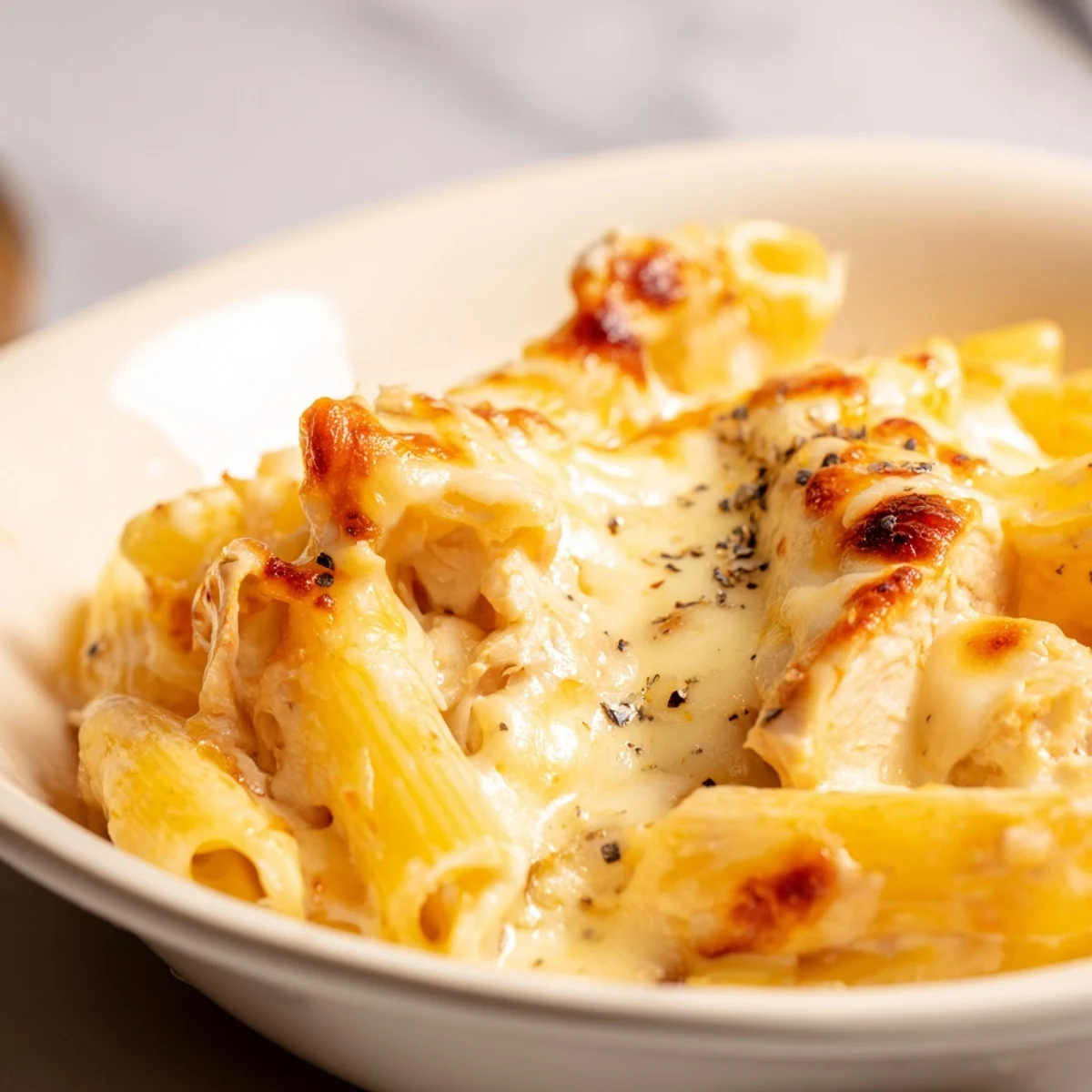 A slice of Chicken Ranch Pasta Bake reveals creamy ranch sauce, golden cheese, and garnish of fresh green chives.