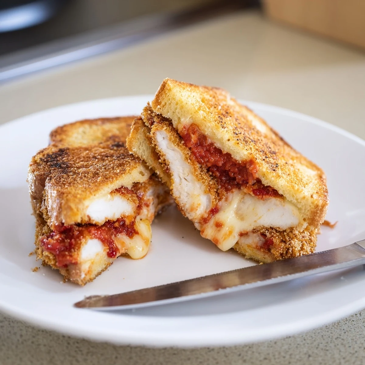 Golden-brown grilled cheese sandwich with crispy fried chicken, melted mozzarella, and marinara oozing from the sides, served on a wooden board.