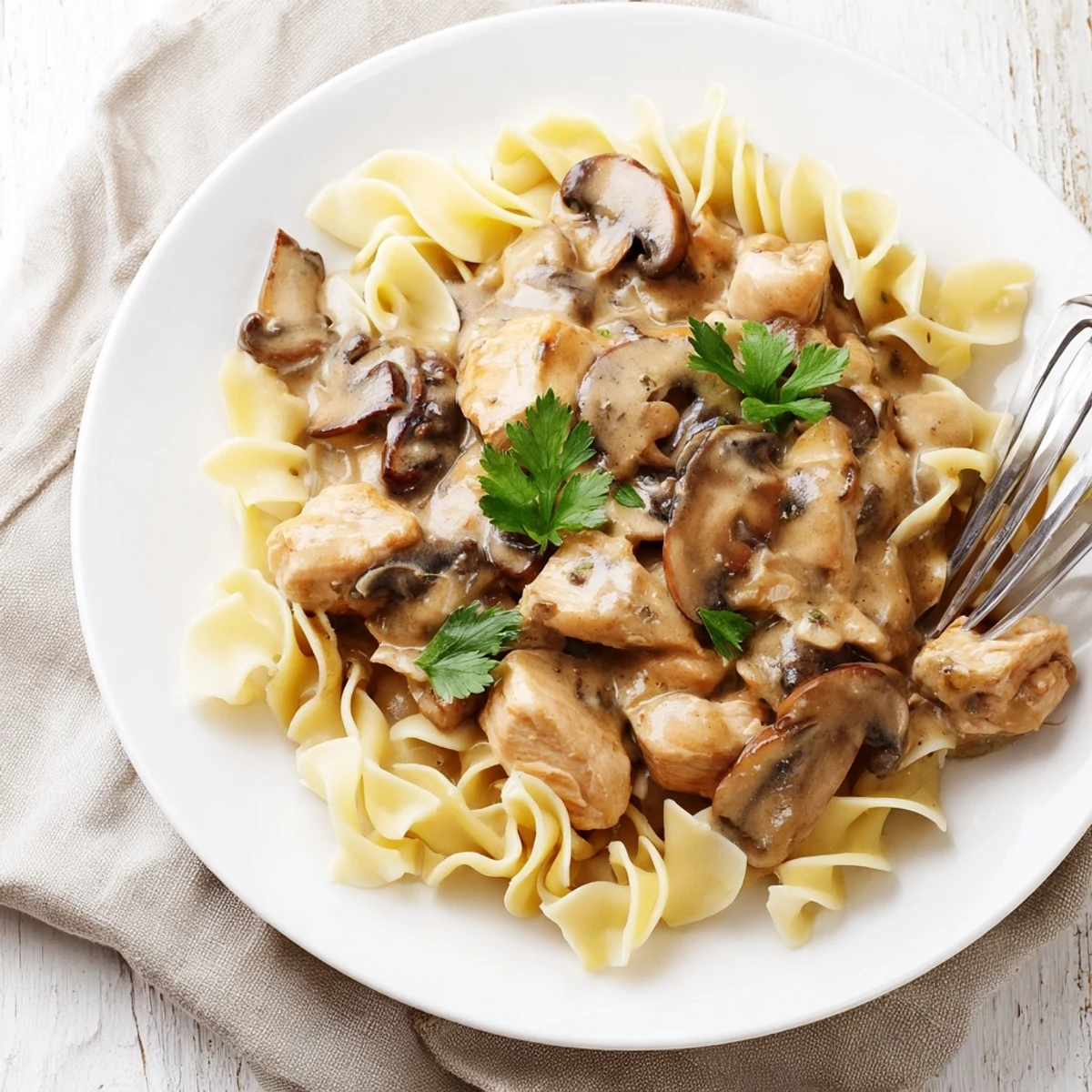 Golden-brown chicken strips and sautéed mushrooms simmer in a creamy sauce served over egg noodles, garnished with fresh parsley.