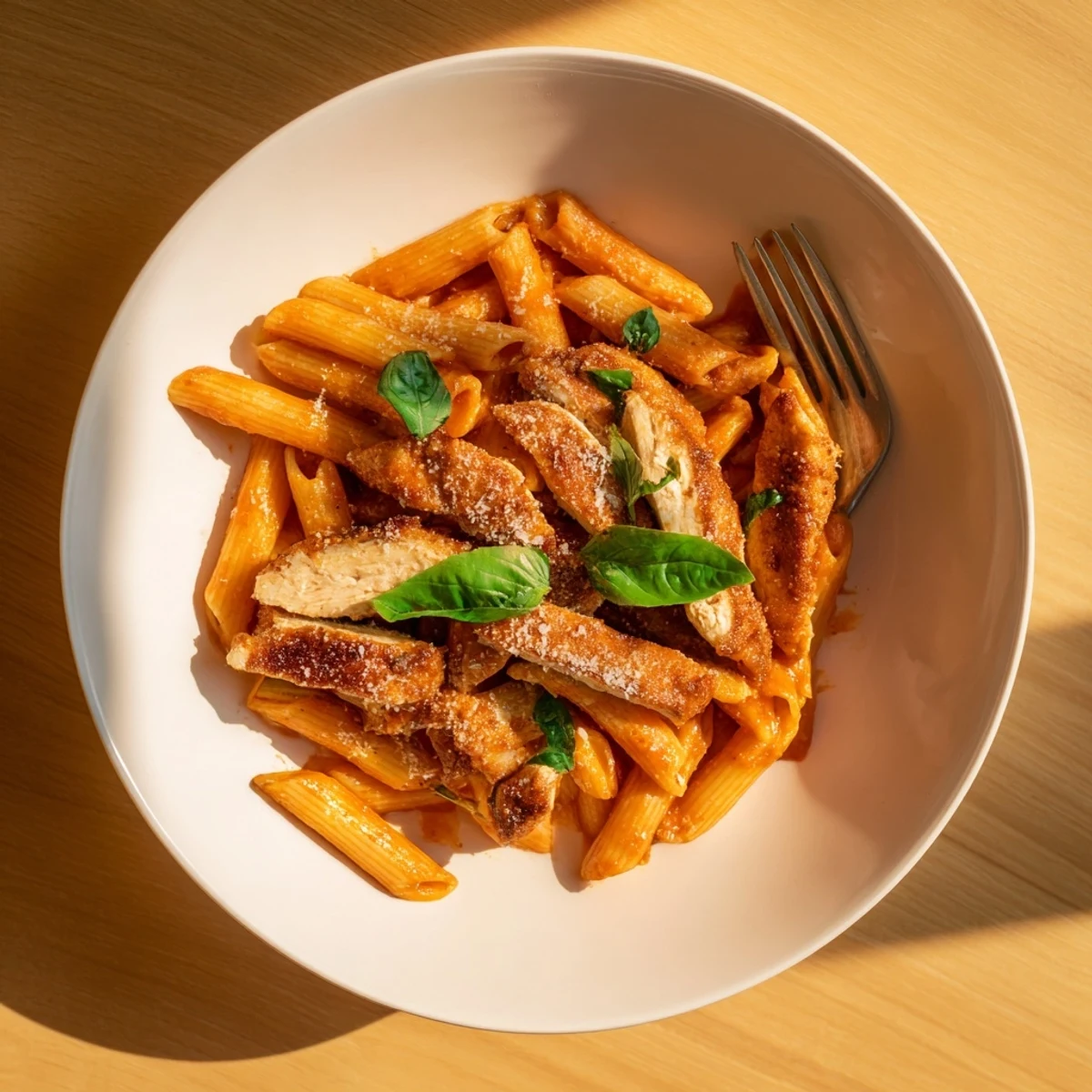 Golden seared chicken strips rest atop penne pasta coated in a rich, spicy tomato sauce, garnished with fresh basil leaves.