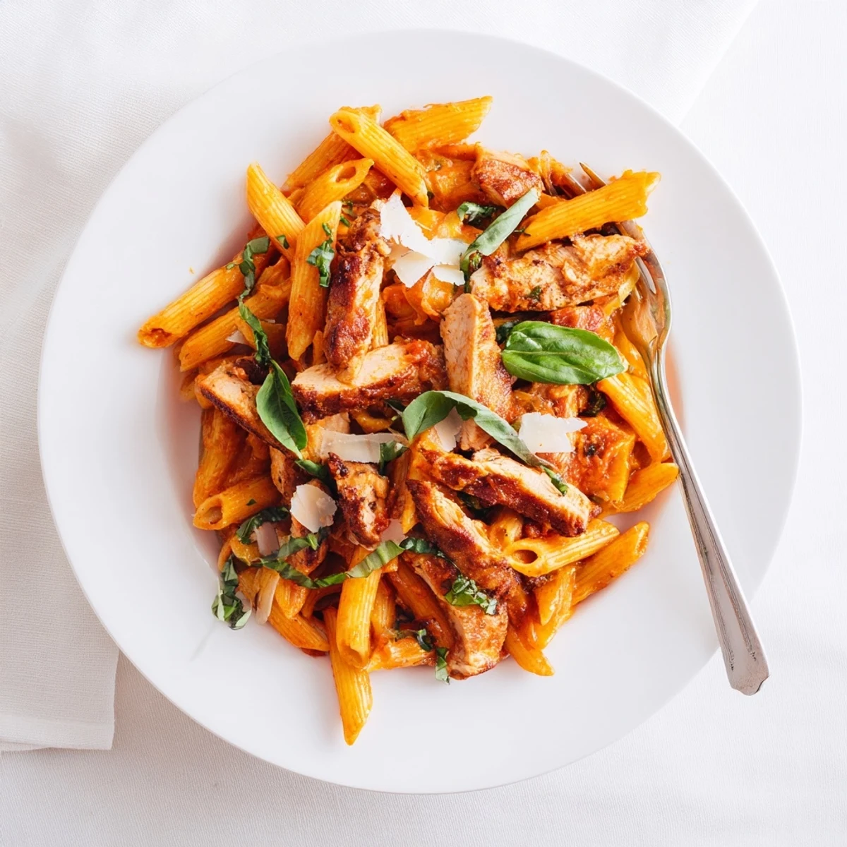 Savory Spicy Tomato Chicken Pasta in a white bowl, served with a sprinkle of Parmesan and fresh basil, perfect for a weeknight meal.