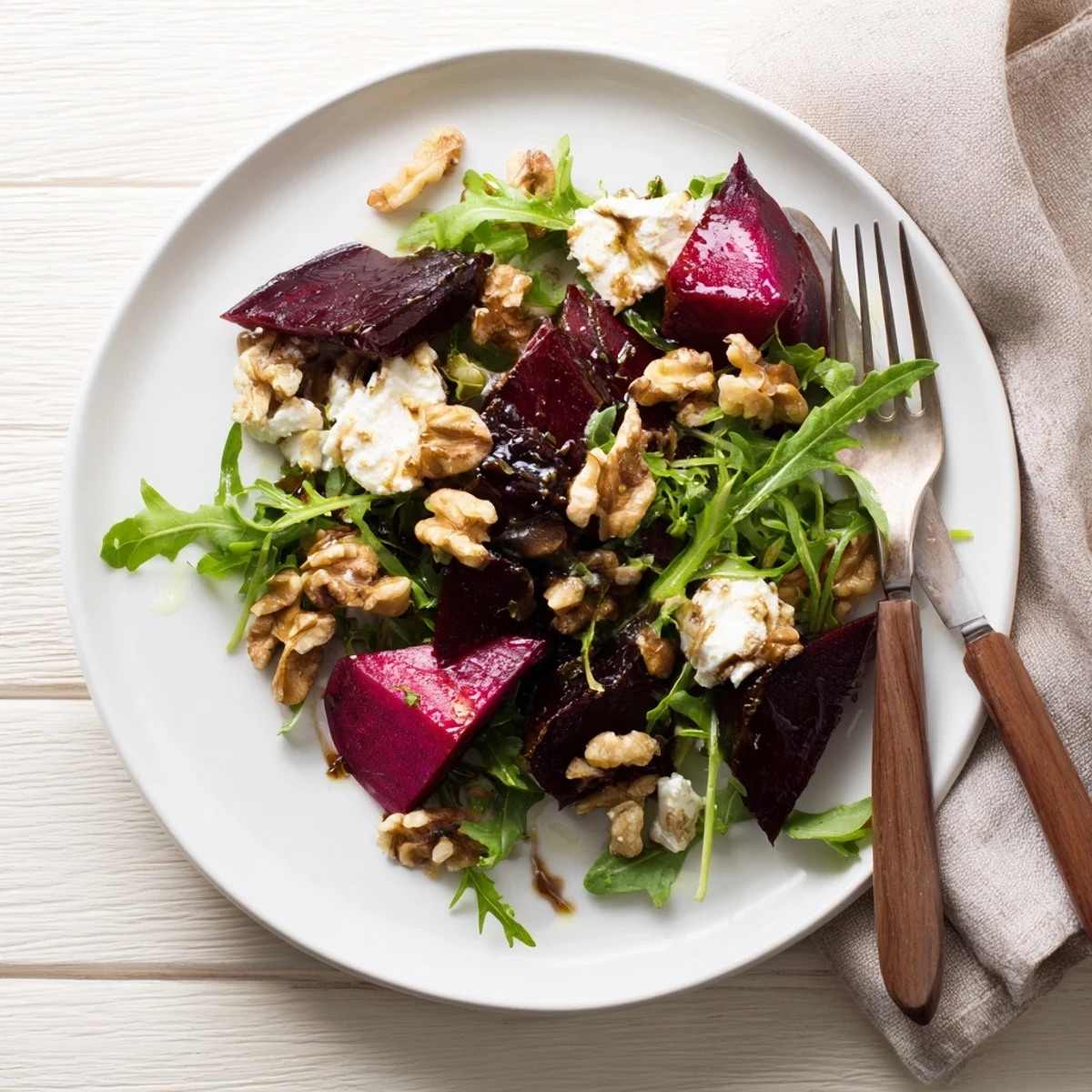 Crimson roasted beet wedges glisten beside creamy goat cheese crumbles on a bed of fresh arugula in this vibrant Roasted Beet Goat Cheese Salad.