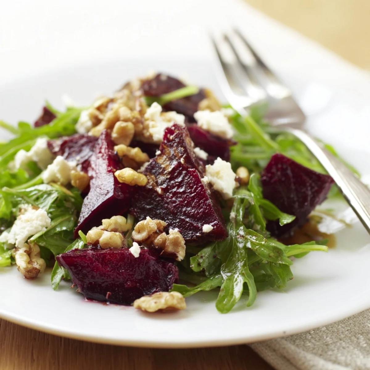 Warm toasted walnuts add a satisfying crunch to the colorful Roasted Beet Goat Cheese Salad, drizzled with bright balsamic vinaigrette.