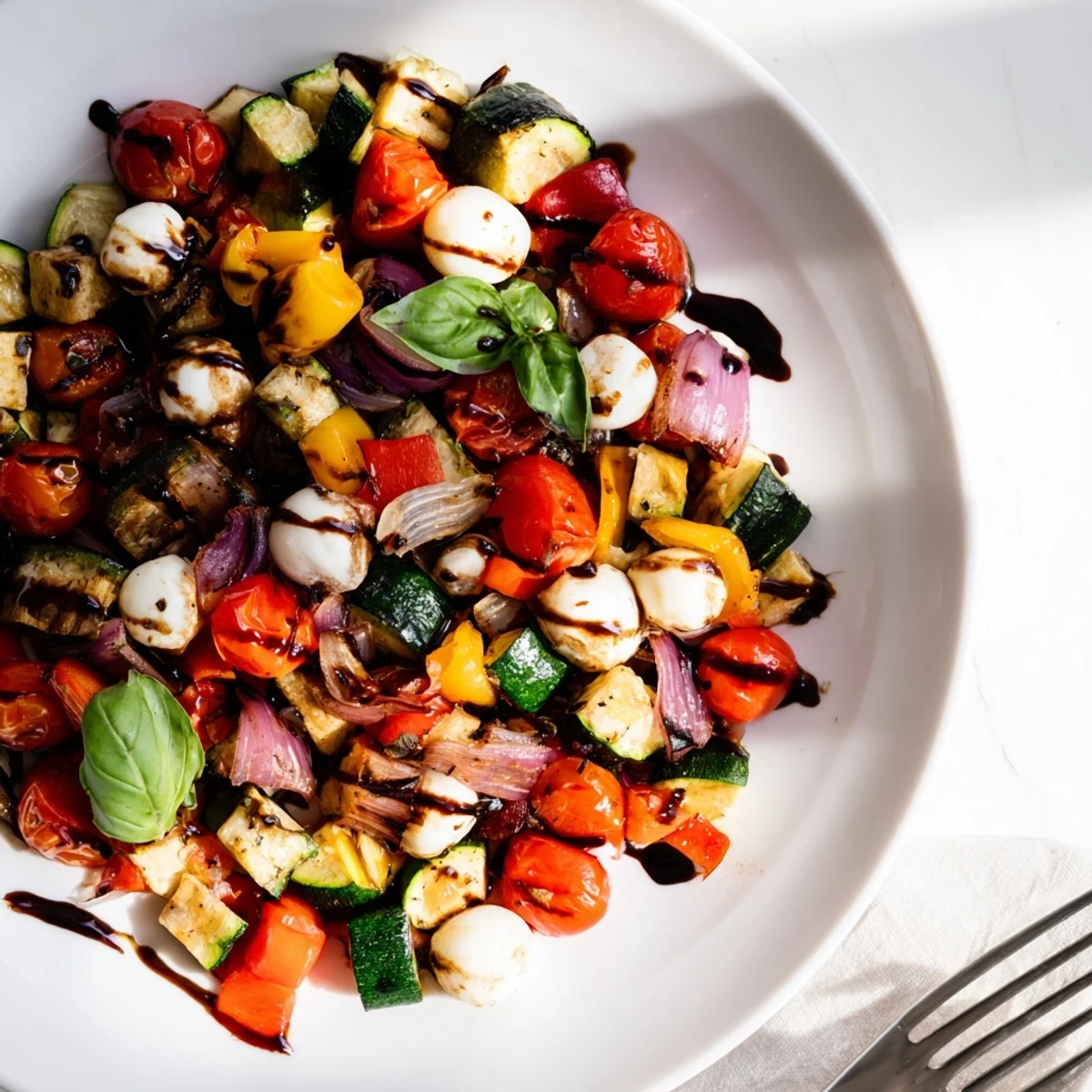 Colorful Roasted Veggie Caprese Salad featuring warm roasted tomatoes and bell peppers drizzled with sweet balsamic glaze.