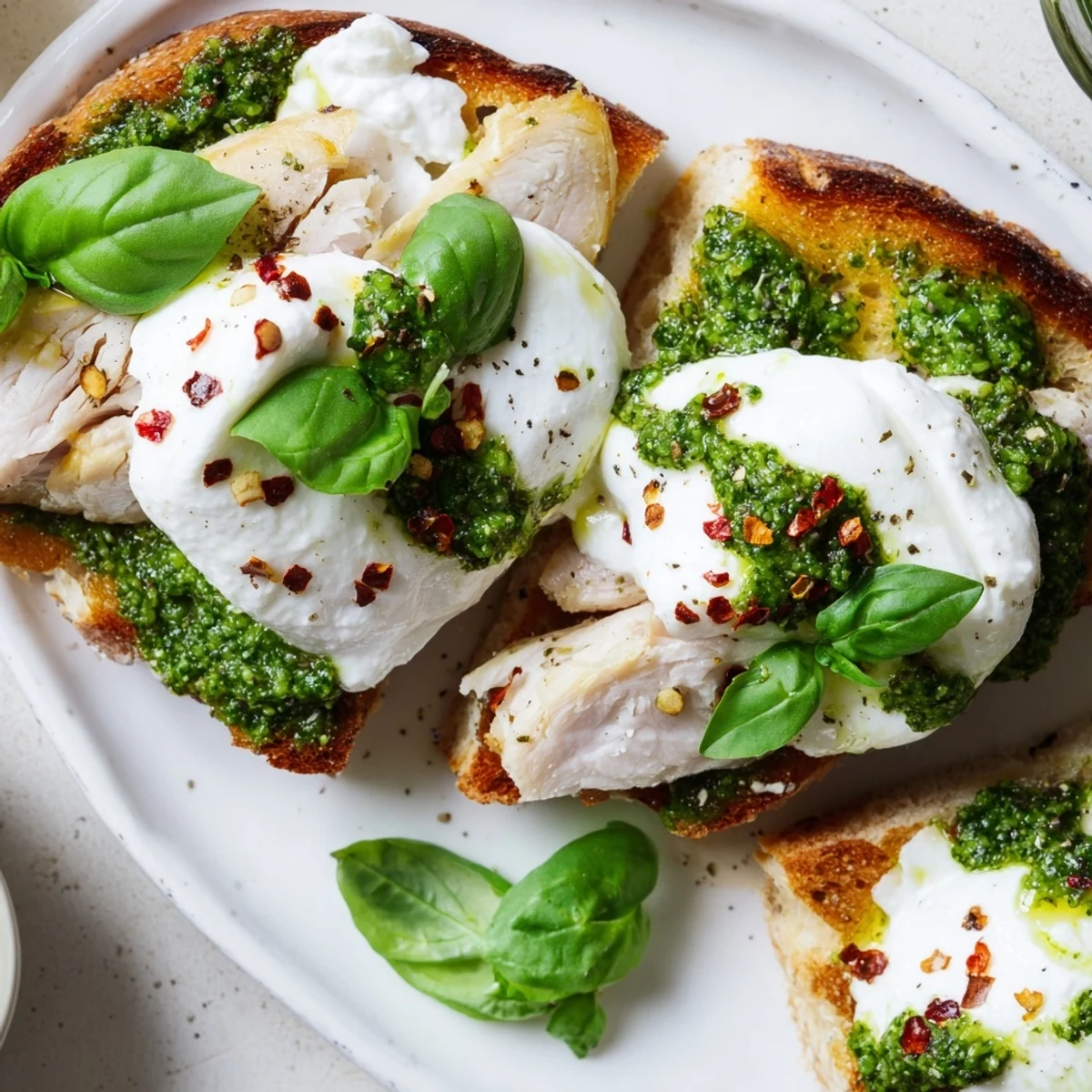 Open-faced Pesto Chicken Burrata Toast on golden sourdough, topped with creamy burrata and fresh basil.
