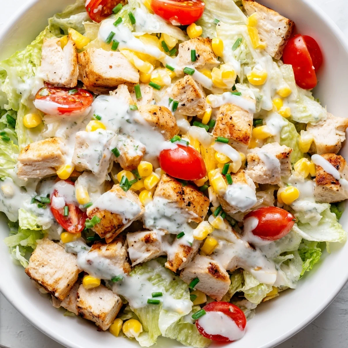 A close-up of Ranch Chicken Chopped Salad showing grilled chicken, corn, and sharp cheddar on crisp romaine.  