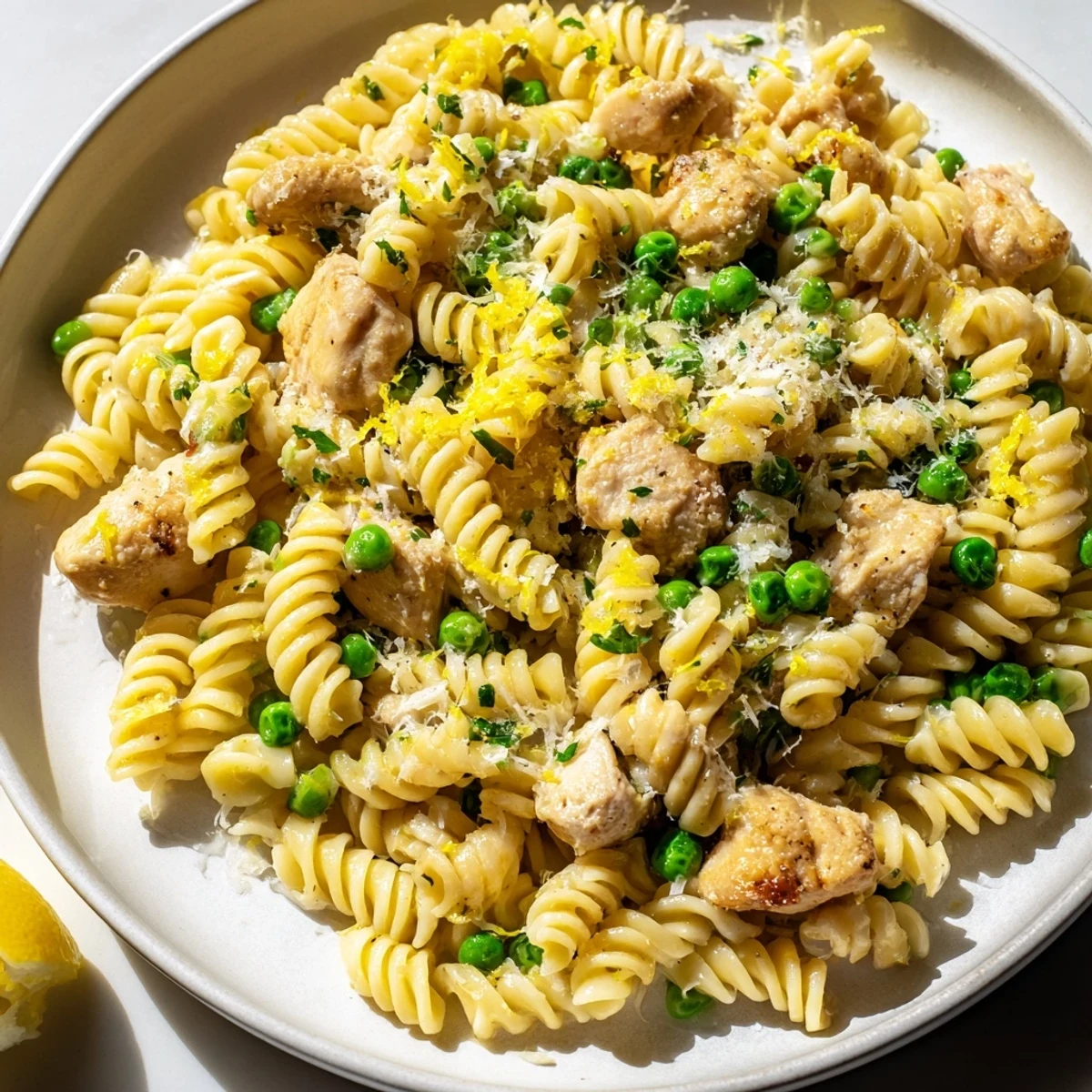 A close-up of Garlic Butter Chicken & Pea Pasta shows steam rising from cheesy, lemon-kissed noodles topped with fresh parsley.