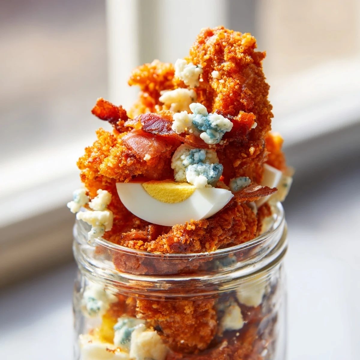 Golden crispy chicken bites, smoky bacon crumbles, and creamy blue cheese layered over fresh romaine in a portable mason jar salad.