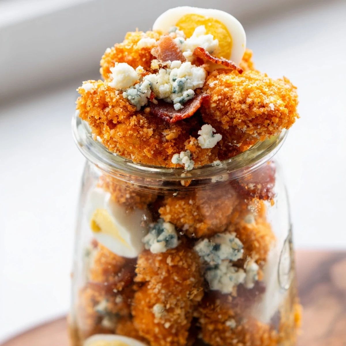 This colorful Crispy Chicken Cobb Jar Salad features tangy blue cheese, crisp cucumbers, and a creamy dressing for a delicious on-the-go lunch.