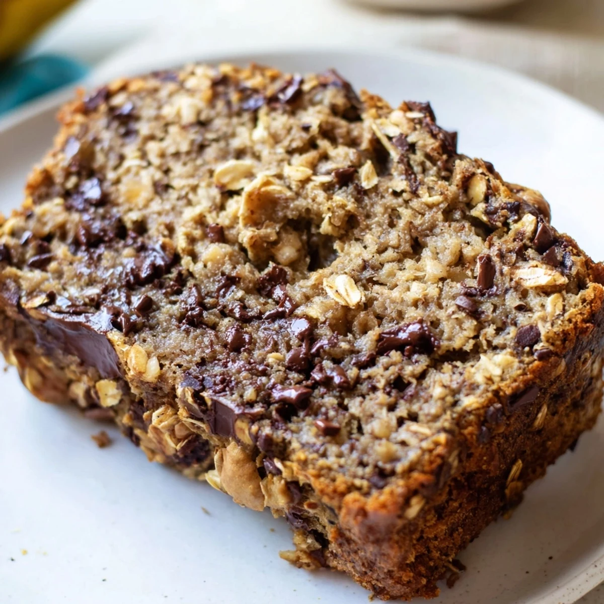 Warm slices of Chocolate Chip Peanut Butter Oatmeal Banana Bread reveal melty chocolate chips and a hearty oat texture.  