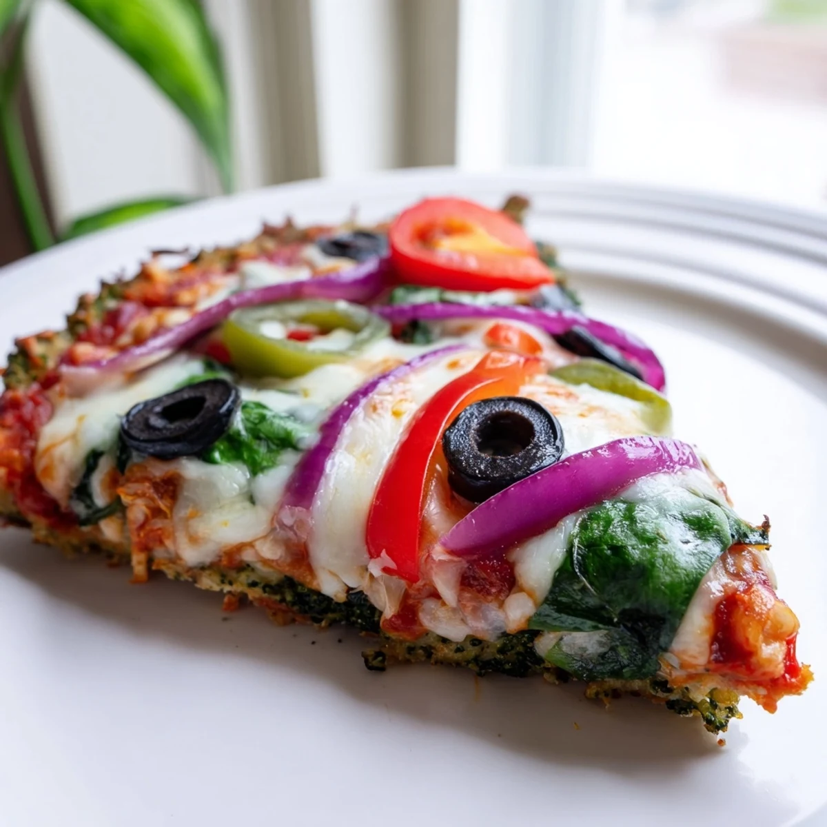 Golden-brown Broccoli Chicken Crust Pizza rests on a wooden board, topped with melted mozzarella, red onions, and fresh spinach leaves.