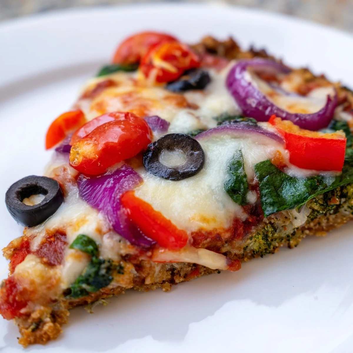 A slice of Broccoli Chicken Crust Pizza is lifted from the pan, revealing a thick, savory vegetable base and bubbling cheese topping.