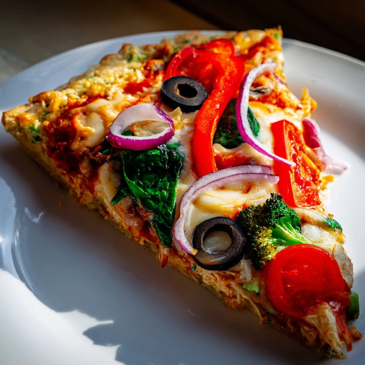 Close-up of a colorful Broccoli Chicken Crust Pizza garnished with fresh basil, sliced olives, and halved cherry tomatoes on a rustic surface.
