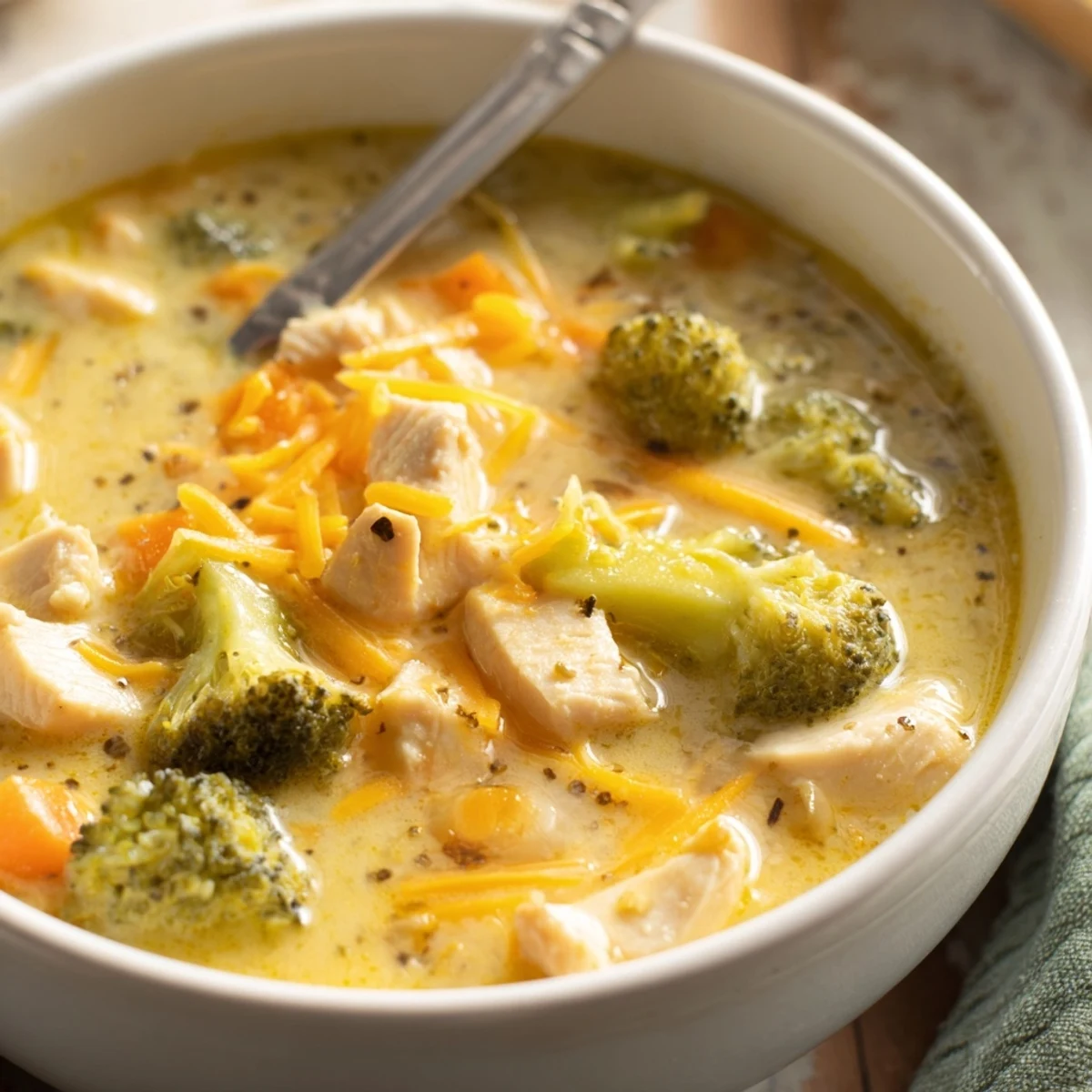 A warm bowl of Chicken Broccoli Cheddar Soup featuring tender chicken, fresh broccoli florets, and melted cheddar in a creamy broth.