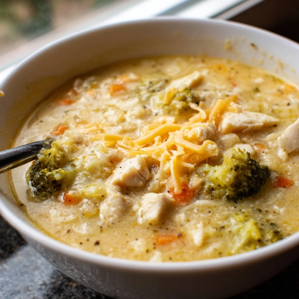 Creamy Chicken Broccoli Cheddar Soup served hot in a rustic mug, garnished with extra sharp cheddar and a side of crusty bread.