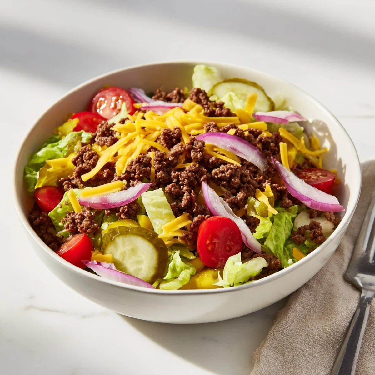 A close-up of an Easy Big Mac in a Bowl, featuring seasoned ground beef, chopped romaine, and cheddar cheese drizzled with tangy special sauce.