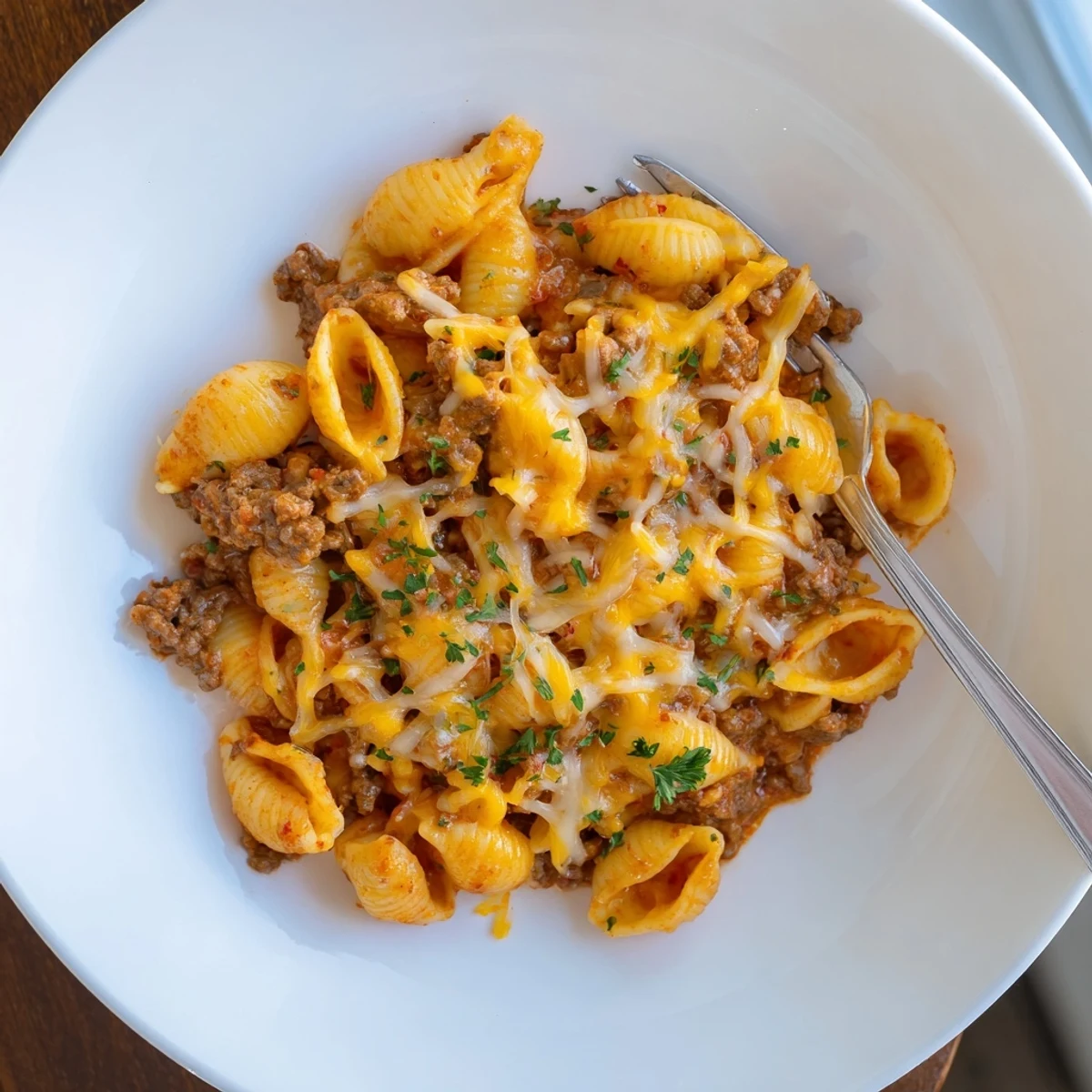 Creamy one pot beef and shells pasta, topped with fresh parsley and melted cheddar, steaming in a skillet.  