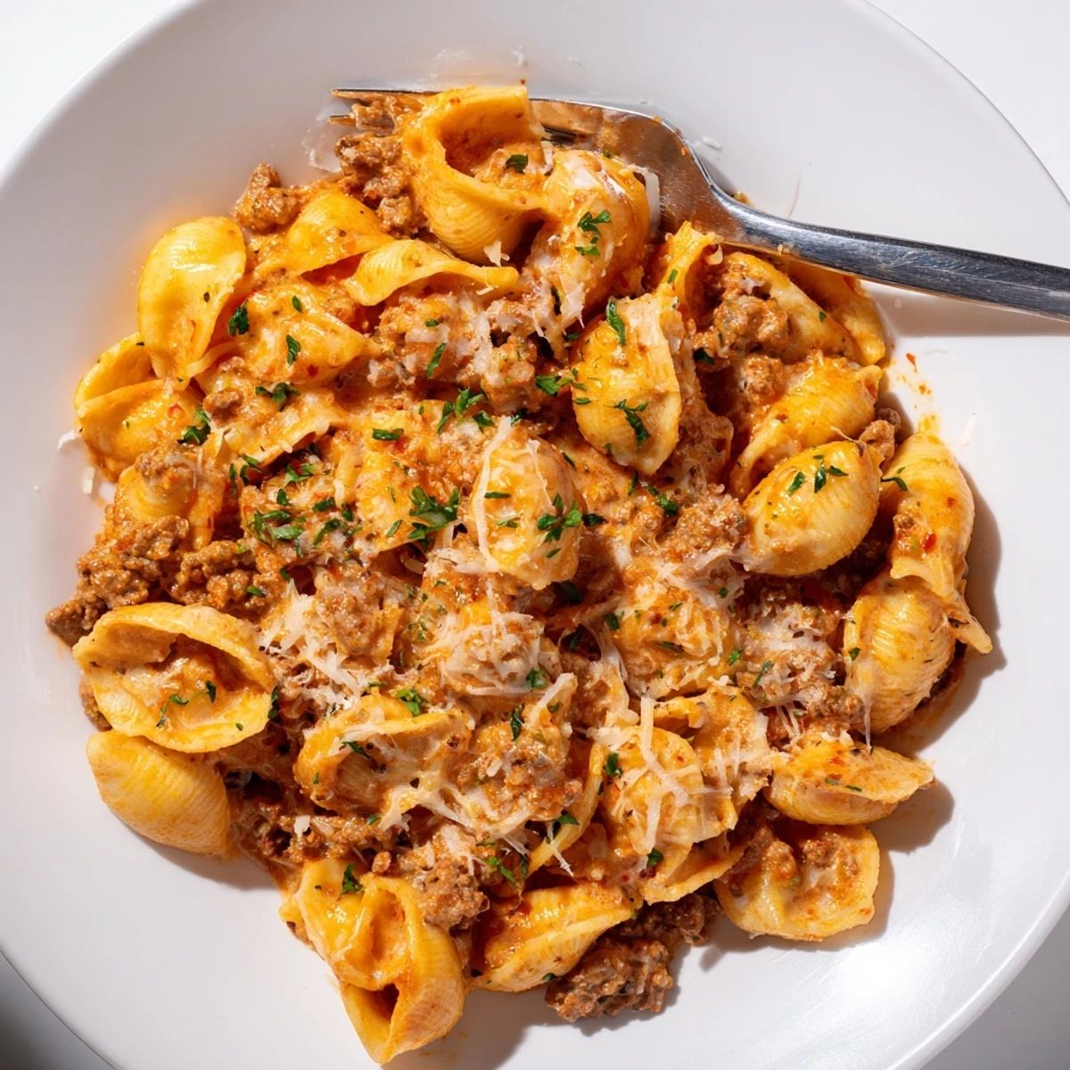 Hearty one pot beef and shells served in a white bowl, garnished with red pepper flakes for a cozy weeknight meal.  