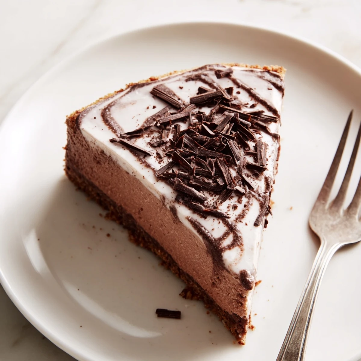A perfectly sliced wedge of Lighter Chocolate Cottage Cheese Cheesecake reveals a rich, dark cocoa filling on a graham cracker crust, served on a white plate.